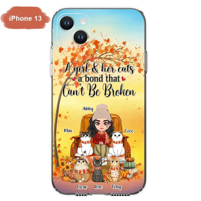 Custom Personalized Cat Mom Fall Season Phone Case - Gift Idea For Cat Owners - Upto 5 Cats -  Case For iPhone/Samsung - A Girl & Her Cats A Bond That Can't Be Broken