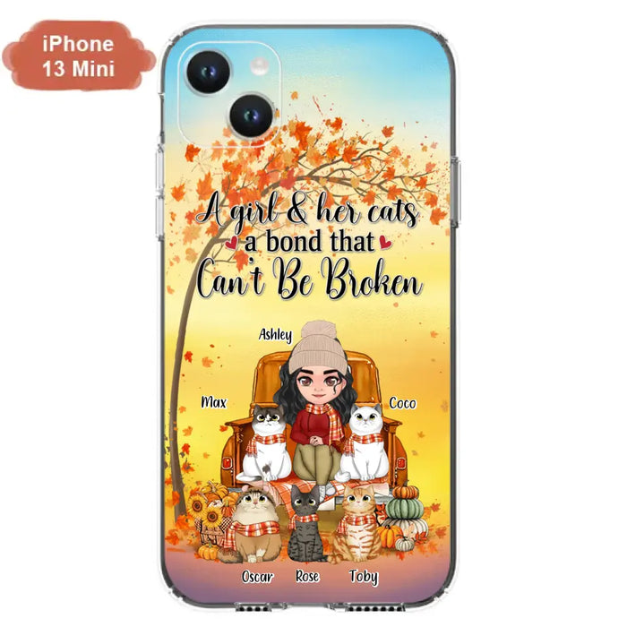 Custom Personalized Cat Mom Fall Season Phone Case - Gift Idea For Cat Owners - Upto 5 Cats -  Case For iPhone/Samsung - A Girl & Her Cats A Bond That Can't Be Broken