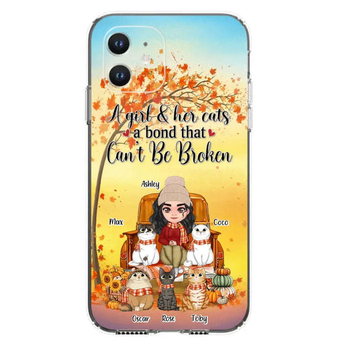 Custom Personalized Cat Mom Fall Season Phone Case - Gift Idea For Cat Owners - Upto 5 Cats -  Case For iPhone/Samsung - A Girl & Her Cats A Bond That Can't Be Broken