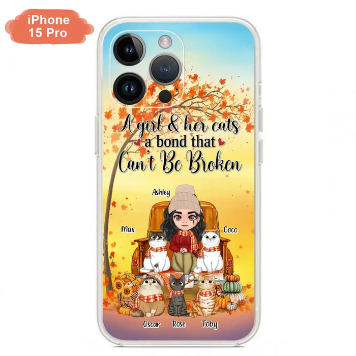 Custom Personalized Cat Mom Fall Season Phone Case - Gift Idea For Cat Owners - Upto 5 Cats -  Case For iPhone/Samsung - A Girl & Her Cats A Bond That Can't Be Broken