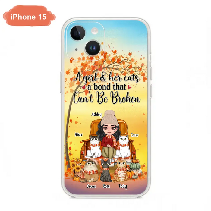 Custom Personalized Cat Mom Fall Season Phone Case - Gift Idea For Cat Owners - Upto 5 Cats -  Case For iPhone/Samsung - A Girl & Her Cats A Bond That Can't Be Broken