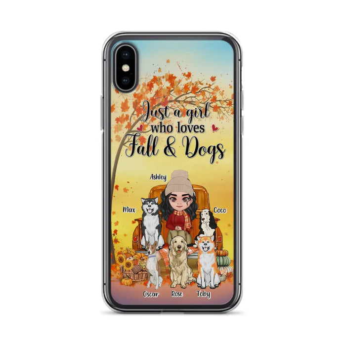 Custom Personalized Dog Mom Fall Season Phone Case - Autumn Gift Idea For Dog Owners - Upto 5 Dogs -  Case For iPhone/Samsung - Just A Girl Who Loves Fall & Dogs