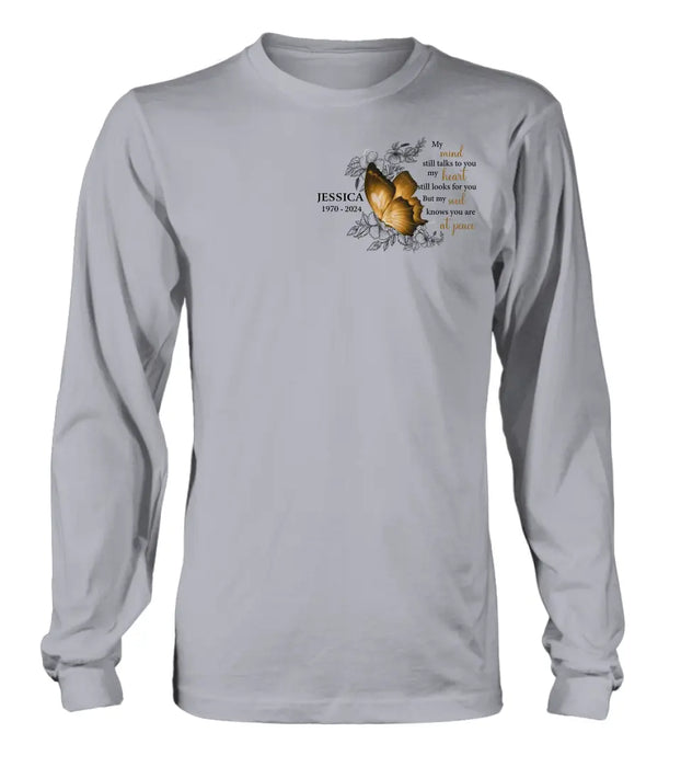 Custom Personalized Memorial Butterfly Shirt/Hoodie - Upto 4 Butterflies - Memorial Gift Idea for Mother's Day/Father's Day - My Mind Still Talks To You