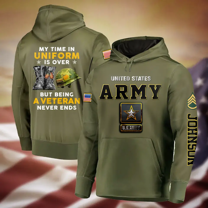 Custom Personalized Veteran All-Over Print Hoodie - Gift Idea For Veteran - My Time In Uniform Is Over But Being A Veteran Never Ends