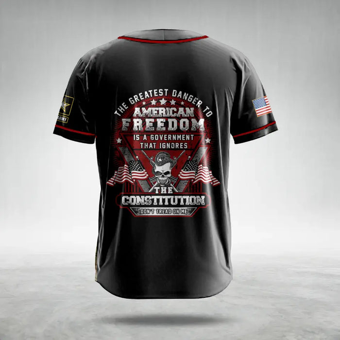 Custom Personalized Veteran AOP Baseball Jersey - Gift Idea For Veteran/Father's Day - The Greatest Danger To American Freedom Is A Government That Ignores The Constitution