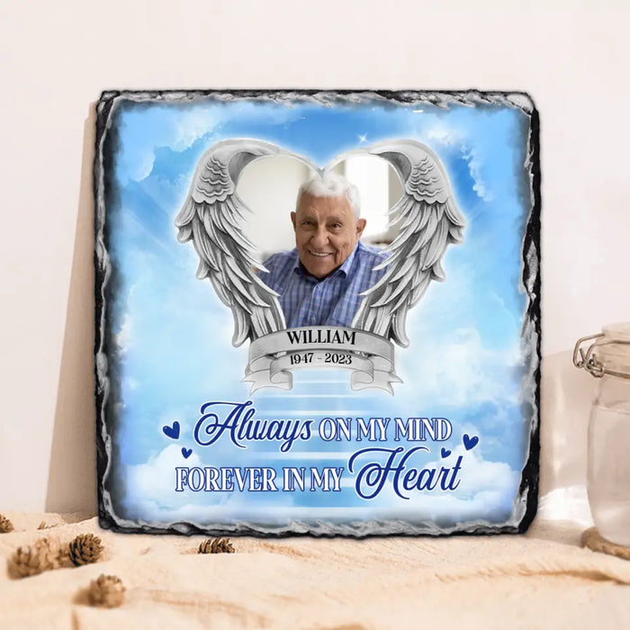 Custom Personalized Memorial Photo Square Lithograph - Memorial Gift Idea For Father's Day/ Mother's Day - Always On My Mind Forever In My Heart