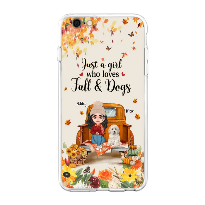 Custom Personalized Dog Mom Autumn Phone Case - Gift Idea For Dog Owners - Upto 5 Dogs -  Case For iPhone/Samsung - Just A Girl Who Loves Fall & Dogs