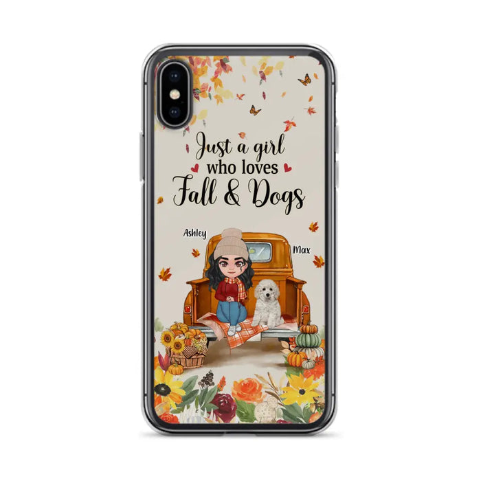 Custom Personalized Dog Mom Autumn Phone Case - Gift Idea For Dog Owners - Upto 5 Dogs -  Case For iPhone/Samsung - Just A Girl Who Loves Fall & Dogs