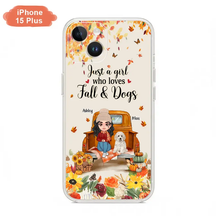 Custom Personalized Dog Mom Autumn Phone Case - Gift Idea For Dog Owners - Upto 5 Dogs -  Case For iPhone/Samsung - Just A Girl Who Loves Fall & Dogs