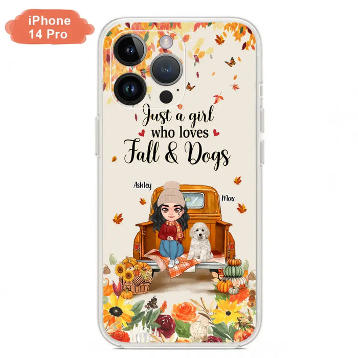 Custom Personalized Dog Mom Autumn Phone Case - Gift Idea For Dog Owners - Upto 5 Dogs -  Case For iPhone/Samsung - Just A Girl Who Loves Fall & Dogs