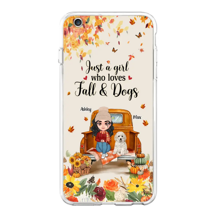 Custom Personalized Dog Mom Autumn Phone Case - Gift Idea For Dog Owners - Upto 5 Dogs -  Case For iPhone/Samsung - Just A Girl Who Loves Fall & Dogs