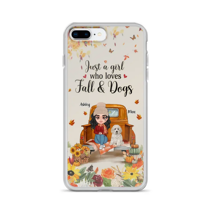 Custom Personalized Dog Mom Autumn Phone Case - Gift Idea For Dog Owners - Upto 5 Dogs -  Case For iPhone/Samsung - Just A Girl Who Loves Fall & Dogs