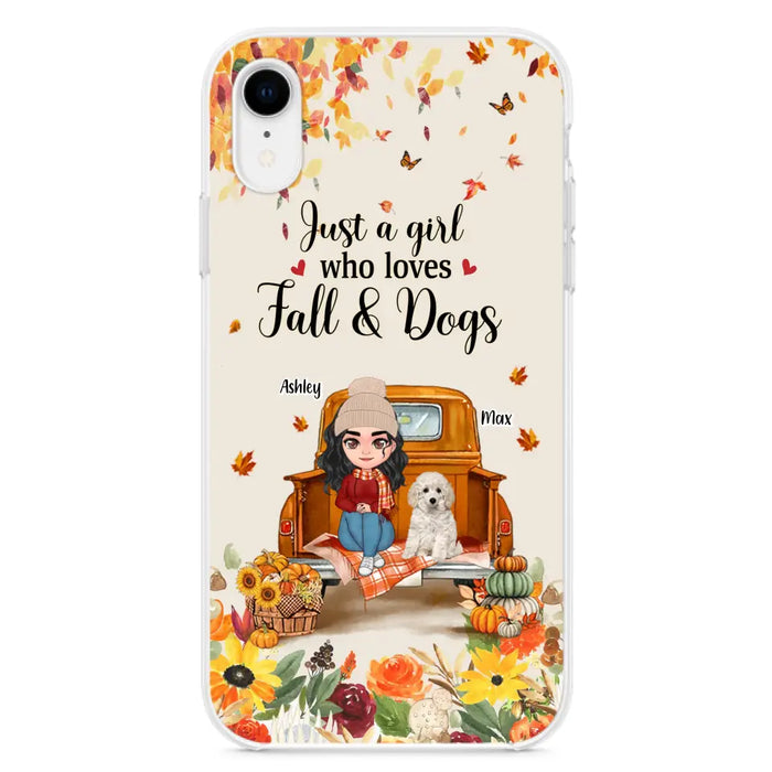 Custom Personalized Dog Mom Autumn Phone Case - Gift Idea For Dog Owners - Upto 5 Dogs -  Case For iPhone/Samsung - Just A Girl Who Loves Fall & Dogs