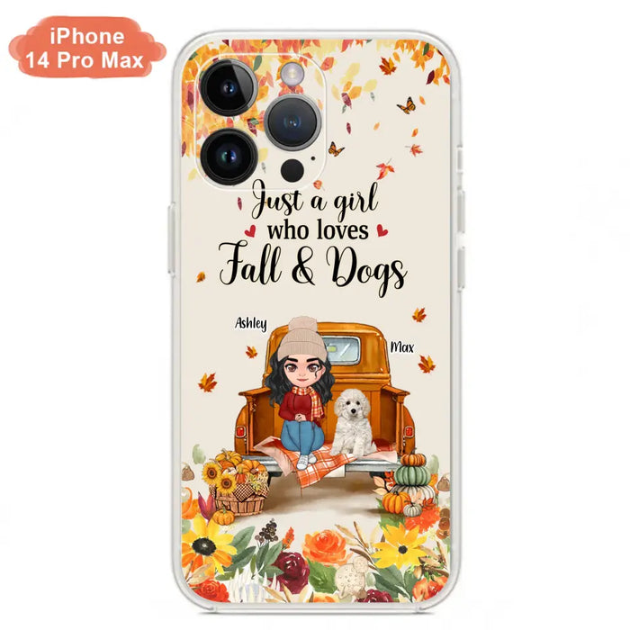 Custom Personalized Dog Mom Autumn Phone Case - Gift Idea For Dog Owners - Upto 5 Dogs -  Case For iPhone/Samsung - Just A Girl Who Loves Fall & Dogs