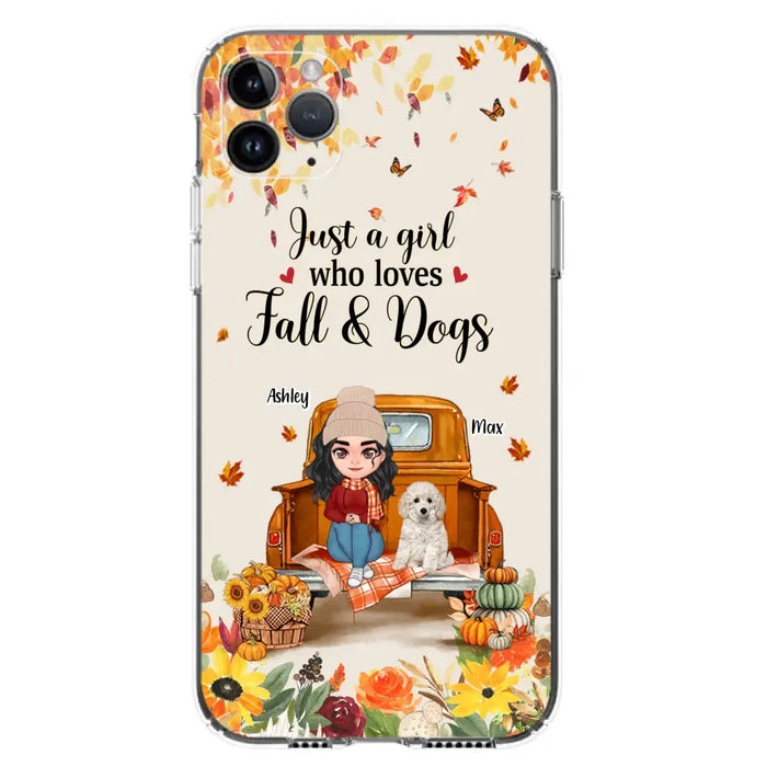 Custom Personalized Dog Mom Autumn Phone Case - Gift Idea For Dog Owners - Upto 5 Dogs -  Case For iPhone/Samsung - Just A Girl Who Loves Fall & Dogs