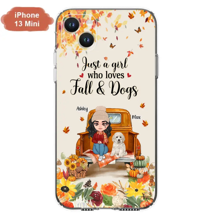 Custom Personalized Dog Mom Autumn Phone Case - Gift Idea For Dog Owners - Upto 5 Dogs -  Case For iPhone/Samsung - Just A Girl Who Loves Fall & Dogs