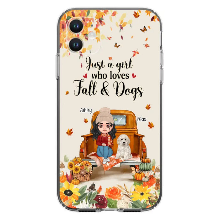 Custom Personalized Dog Mom Autumn Phone Case - Gift Idea For Dog Owners - Upto 5 Dogs -  Case For iPhone/Samsung - Just A Girl Who Loves Fall & Dogs