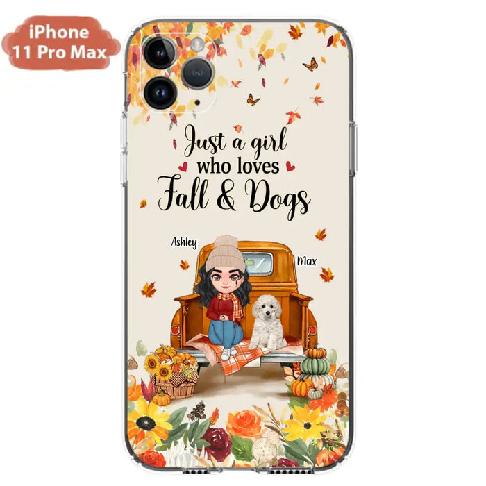 Custom Personalized Dog Mom Autumn Phone Case - Gift Idea For Dog Owners - Upto 5 Dogs -  Case For iPhone/Samsung - Just A Girl Who Loves Fall & Dogs