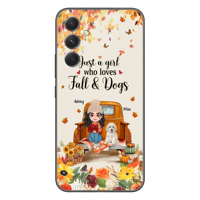 Custom Personalized Dog Mom Autumn Phone Case - Gift Idea For Dog Owners - Upto 5 Dogs -  Case For iPhone/Samsung - Just A Girl Who Loves Fall & Dogs