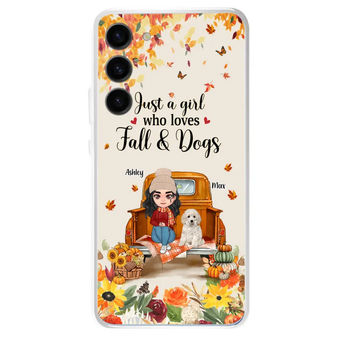 Custom Personalized Dog Mom Autumn Phone Case - Gift Idea For Dog Owners - Upto 5 Dogs -  Case For iPhone/Samsung - Just A Girl Who Loves Fall & Dogs