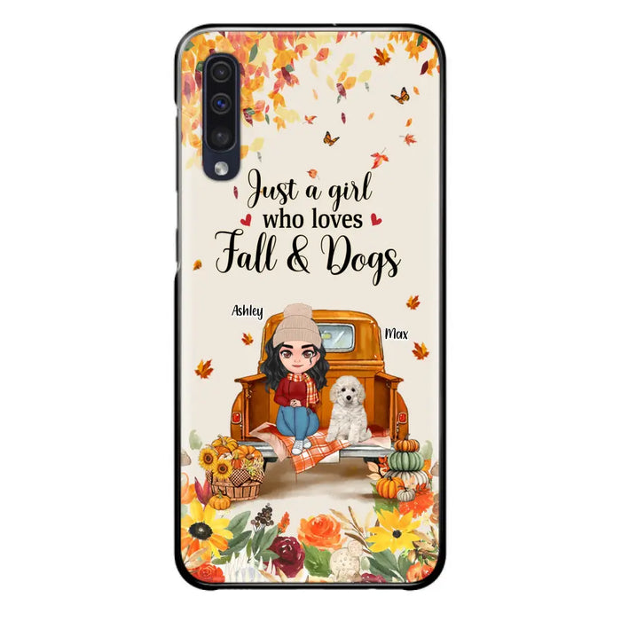 Custom Personalized Dog Mom Autumn Phone Case - Gift Idea For Dog Owners - Upto 5 Dogs -  Case For iPhone/Samsung - Just A Girl Who Loves Fall & Dogs