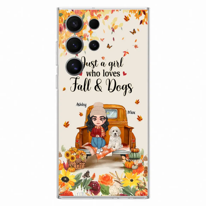 Custom Personalized Dog Mom Autumn Phone Case - Gift Idea For Dog Owners - Upto 5 Dogs -  Case For iPhone/Samsung - Just A Girl Who Loves Fall & Dogs