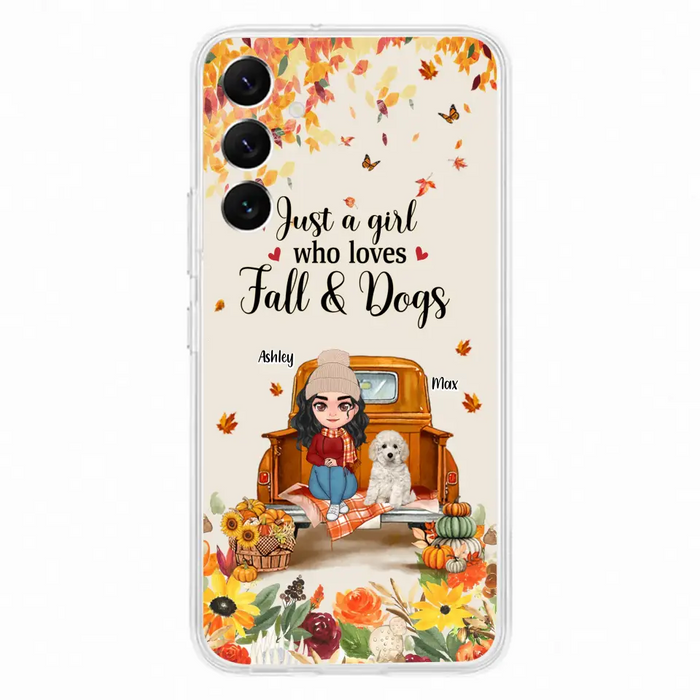 Custom Personalized Dog Mom Autumn Phone Case - Gift Idea For Dog Owners - Upto 5 Dogs -  Case For iPhone/Samsung - Just A Girl Who Loves Fall & Dogs