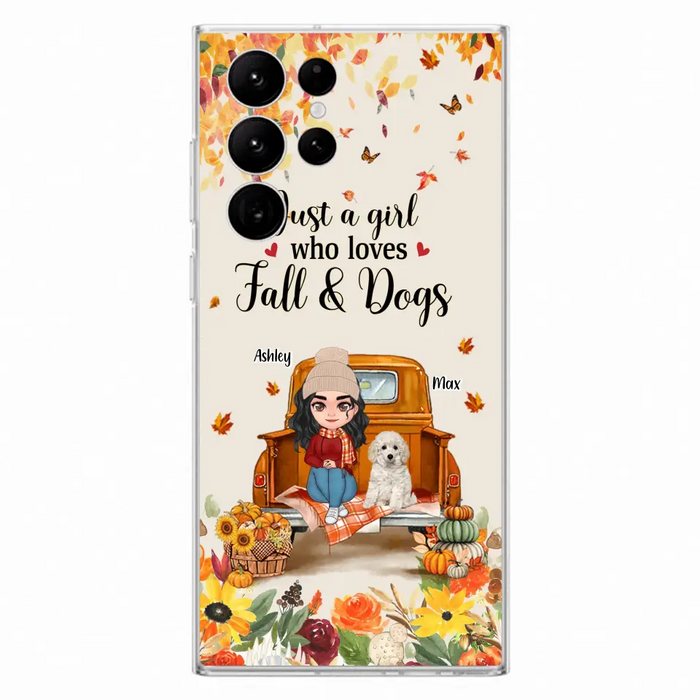 Custom Personalized Dog Mom Autumn Phone Case - Gift Idea For Dog Owners - Upto 5 Dogs -  Case For iPhone/Samsung - Just A Girl Who Loves Fall & Dogs