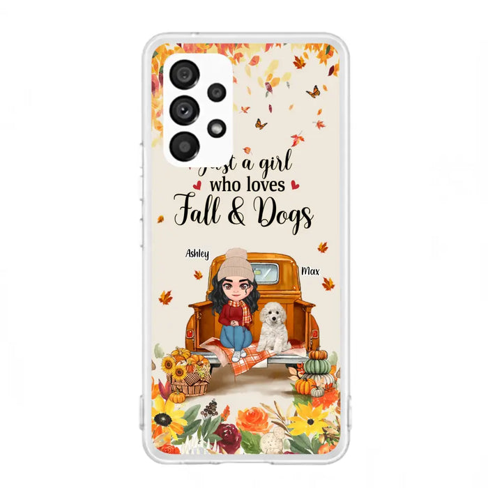 Custom Personalized Dog Mom Autumn Phone Case - Gift Idea For Dog Owners - Upto 5 Dogs -  Case For iPhone/Samsung - Just A Girl Who Loves Fall & Dogs