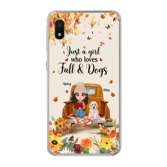 Custom Personalized Dog Mom Autumn Phone Case - Gift Idea For Dog Owners - Upto 5 Dogs -  Case For iPhone/Samsung - Just A Girl Who Loves Fall & Dogs