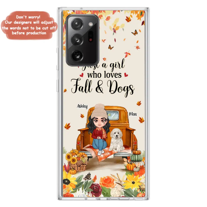 Custom Personalized Dog Mom Autumn Phone Case - Gift Idea For Dog Owners - Upto 5 Dogs -  Case For iPhone/Samsung - Just A Girl Who Loves Fall & Dogs