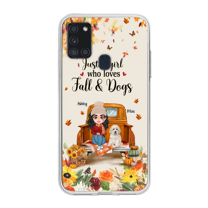 Custom Personalized Dog Mom Autumn Phone Case - Gift Idea For Dog Owners - Upto 5 Dogs -  Case For iPhone/Samsung - Just A Girl Who Loves Fall & Dogs