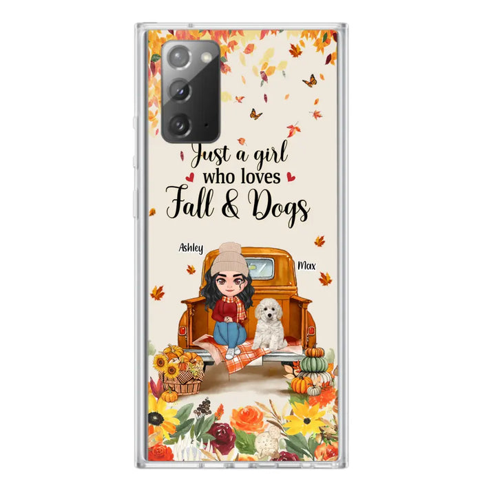 Custom Personalized Dog Mom Autumn Phone Case - Gift Idea For Dog Owners - Upto 5 Dogs -  Case For iPhone/Samsung - Just A Girl Who Loves Fall & Dogs