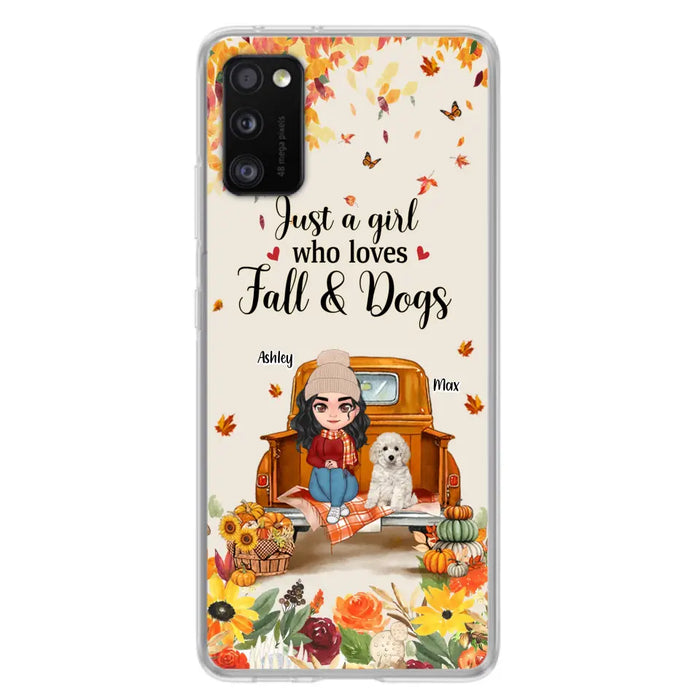 Custom Personalized Dog Mom Autumn Phone Case - Gift Idea For Dog Owners - Upto 5 Dogs -  Case For iPhone/Samsung - Just A Girl Who Loves Fall & Dogs