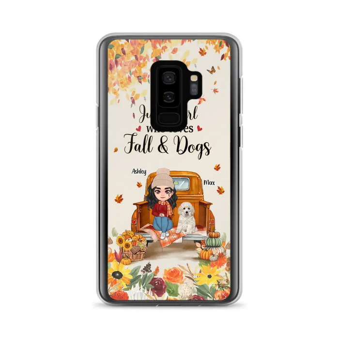 Custom Personalized Dog Mom Autumn Phone Case - Gift Idea For Dog Owners - Upto 5 Dogs -  Case For iPhone/Samsung - Just A Girl Who Loves Fall & Dogs