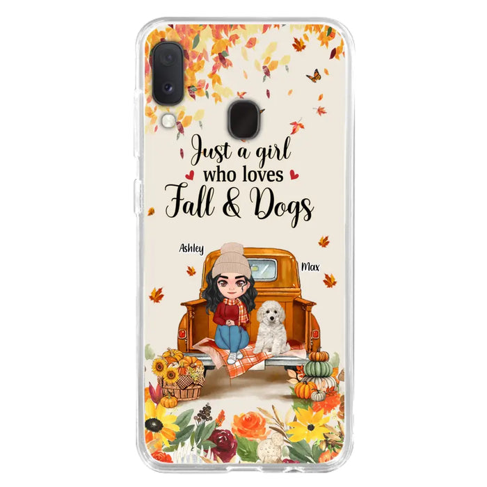 Custom Personalized Dog Mom Autumn Phone Case - Gift Idea For Dog Owners - Upto 5 Dogs -  Case For iPhone/Samsung - Just A Girl Who Loves Fall & Dogs