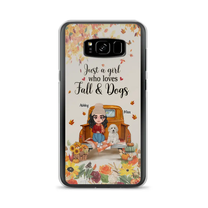 Custom Personalized Dog Mom Autumn Phone Case - Gift Idea For Dog Owners - Upto 5 Dogs -  Case For iPhone/Samsung - Just A Girl Who Loves Fall & Dogs