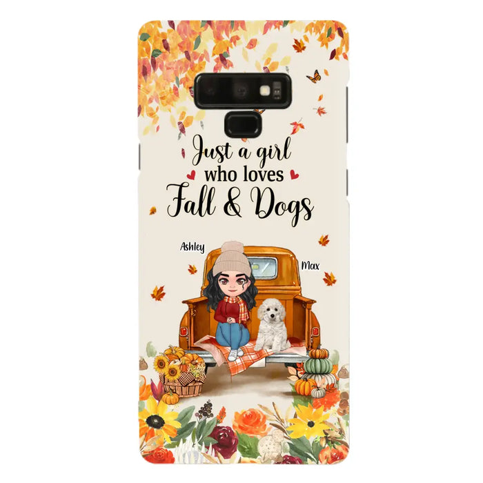 Custom Personalized Dog Mom Autumn Phone Case - Gift Idea For Dog Owners - Upto 5 Dogs -  Case For iPhone/Samsung - Just A Girl Who Loves Fall & Dogs