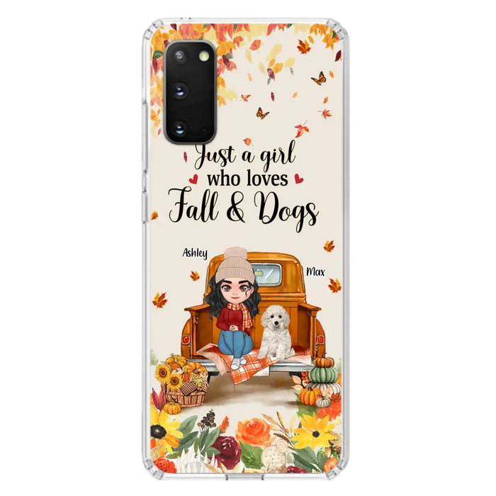 Custom Personalized Dog Mom Autumn Phone Case - Gift Idea For Dog Owners - Upto 5 Dogs -  Case For iPhone/Samsung - Just A Girl Who Loves Fall & Dogs