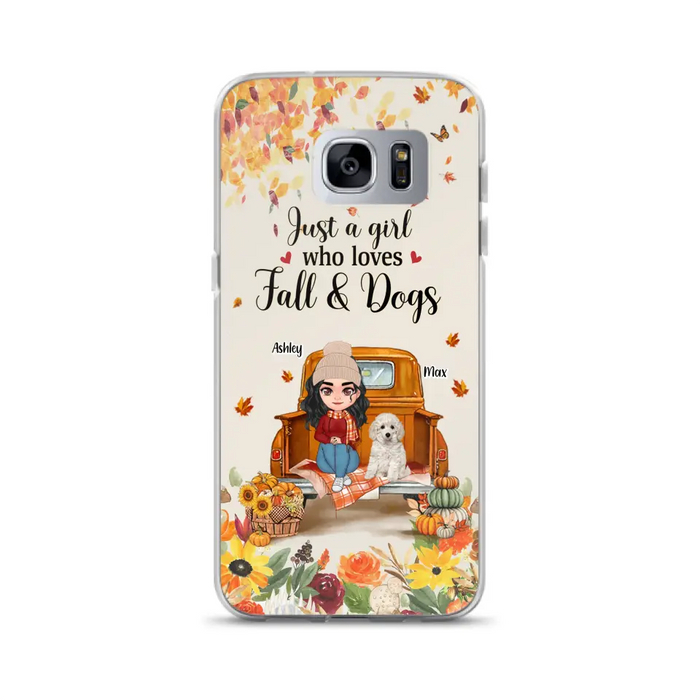 Custom Personalized Dog Mom Autumn Phone Case - Gift Idea For Dog Owners - Upto 5 Dogs -  Case For iPhone/Samsung - Just A Girl Who Loves Fall & Dogs