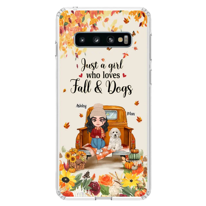 Custom Personalized Dog Mom Autumn Phone Case - Gift Idea For Dog Owners - Upto 5 Dogs -  Case For iPhone/Samsung - Just A Girl Who Loves Fall & Dogs