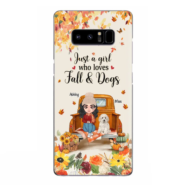 Custom Personalized Dog Mom Autumn Phone Case - Gift Idea For Dog Owners - Upto 5 Dogs -  Case For iPhone/Samsung - Just A Girl Who Loves Fall & Dogs