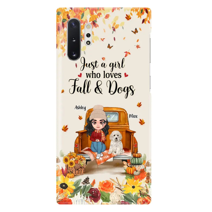 Custom Personalized Dog Mom Autumn Phone Case - Gift Idea For Dog Owners - Upto 5 Dogs -  Case For iPhone/Samsung - Just A Girl Who Loves Fall & Dogs