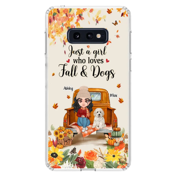 Custom Personalized Dog Mom Autumn Phone Case - Gift Idea For Dog Owners - Upto 5 Dogs -  Case For iPhone/Samsung - Just A Girl Who Loves Fall & Dogs