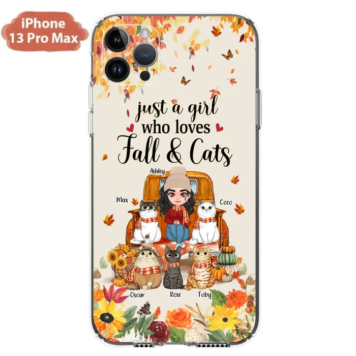 Custom Personalized Cat Mom Autumn Phone Case - Gift Idea For Cat Owners - Upto 5 Cats -  Case For iPhone/Samsung - Just A Girl Who Loves Fall & Cats