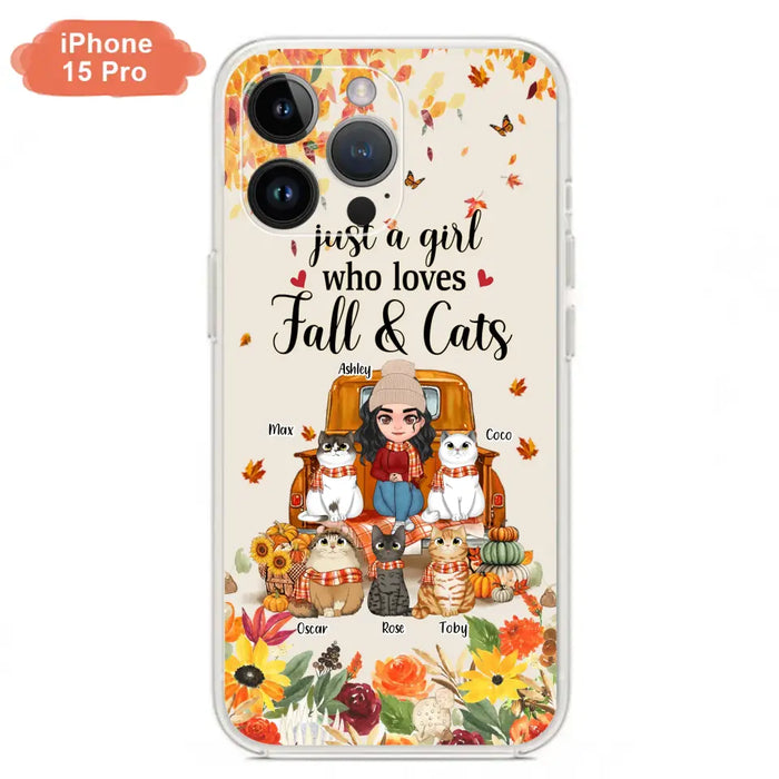 Custom Personalized Cat Mom Autumn Phone Case - Gift Idea For Cat Owners - Upto 5 Cats -  Case For iPhone/Samsung - Just A Girl Who Loves Fall & Cats