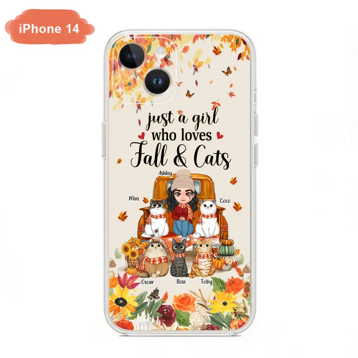 Custom Personalized Cat Mom Autumn Phone Case - Gift Idea For Cat Owners - Upto 5 Cats -  Case For iPhone/Samsung - Just A Girl Who Loves Fall & Cats