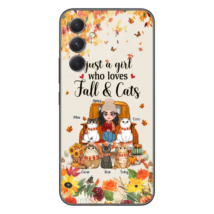 Custom Personalized Cat Mom Autumn Phone Case - Gift Idea For Cat Owners - Upto 5 Cats -  Case For iPhone/Samsung - Just A Girl Who Loves Fall & Cats