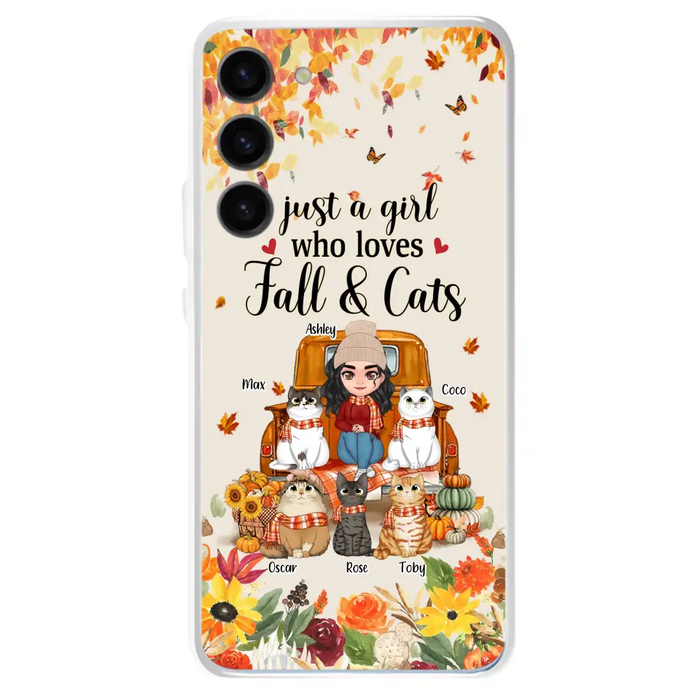 Custom Personalized Cat Mom Autumn Phone Case - Gift Idea For Cat Owners - Upto 5 Cats -  Case For iPhone/Samsung - Just A Girl Who Loves Fall & Cats