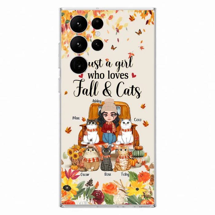 Custom Personalized Cat Mom Autumn Phone Case - Gift Idea For Cat Owners - Upto 5 Cats -  Case For iPhone/Samsung - Just A Girl Who Loves Fall & Cats